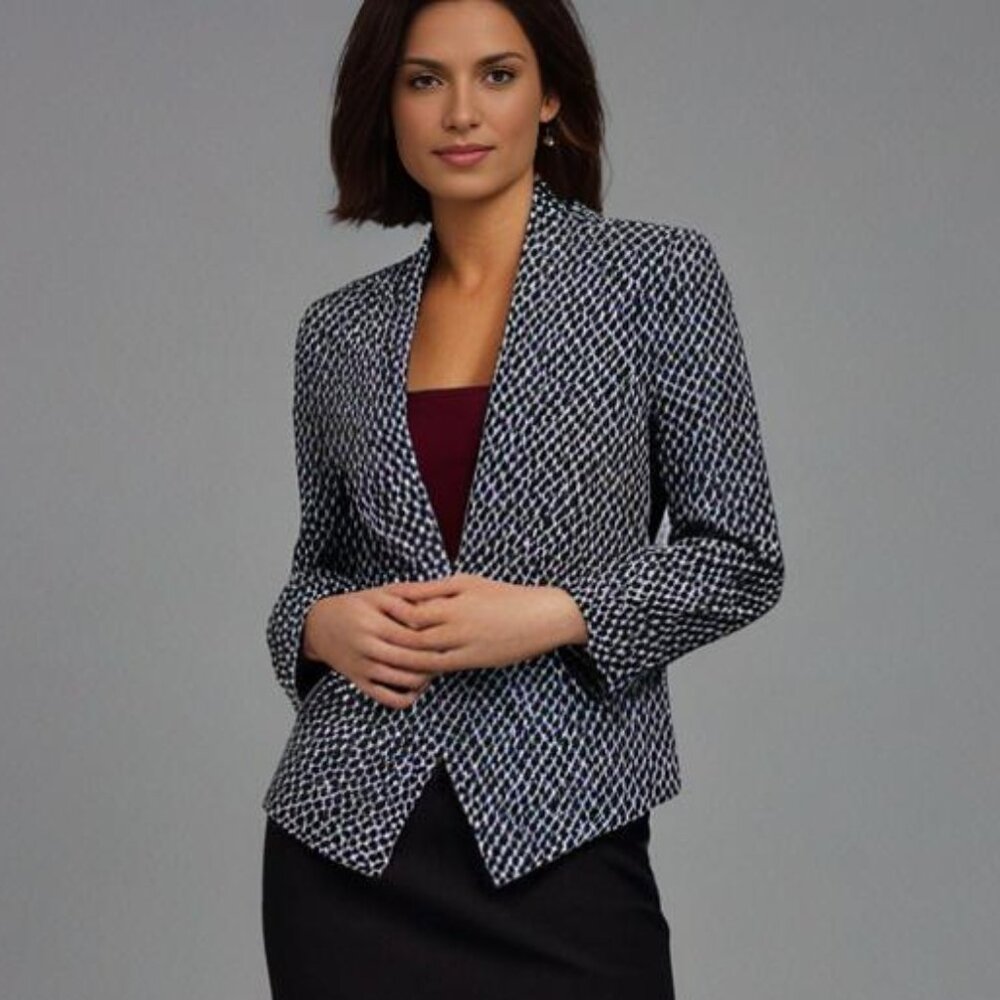 Women's Patterned Open-Front Blazer Jacket - Navy & White